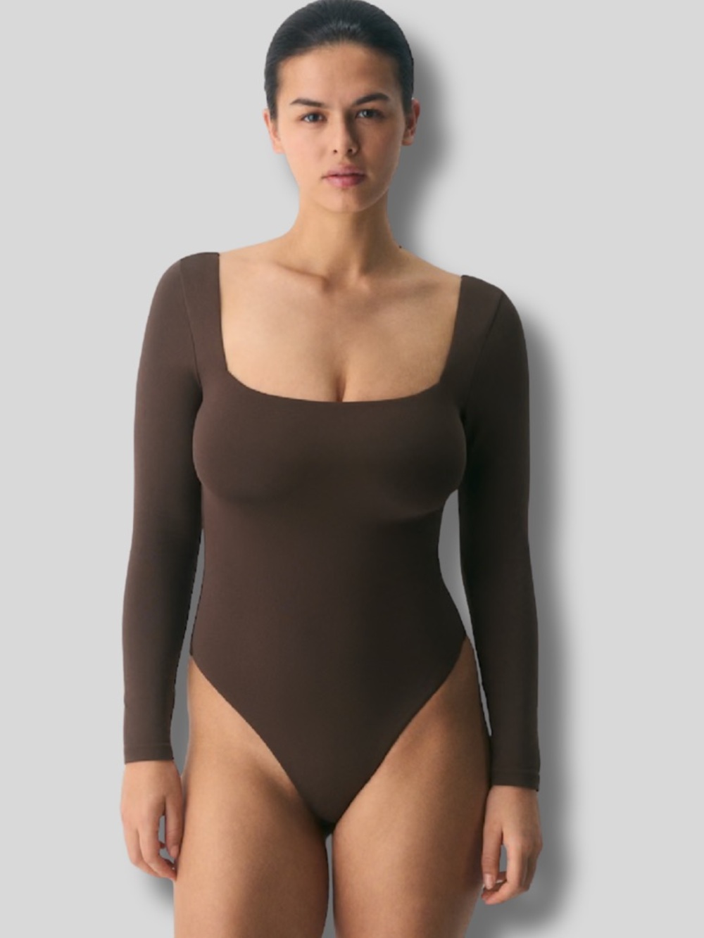 Aritzia Seamless Long-Sleeve Square-Neck Brown Bodysuit in Brown